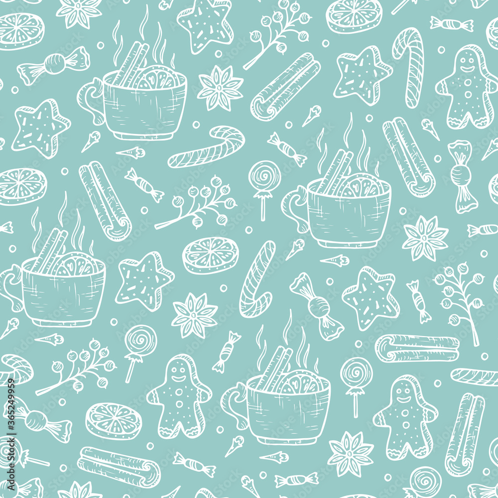 New Year and Christmas seamless pattern. Hand Drawn Doodle Mulled wine with spices and Christmas gingerbread cookies. Warm wine. Holiday wallpaper. Vector Xmas background.