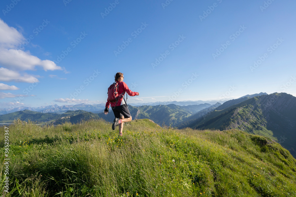 active senior woman mountain running in the early evening in warm dawn light on the ridge of the Nagelfluh chain in the Allgau Alps near Immenstadt, Bavaria, Germany