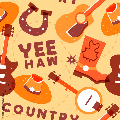 Country music seamless pattern illustration, colorful musical icon background design with guitar, cowboy hat, boots, banjo and more.