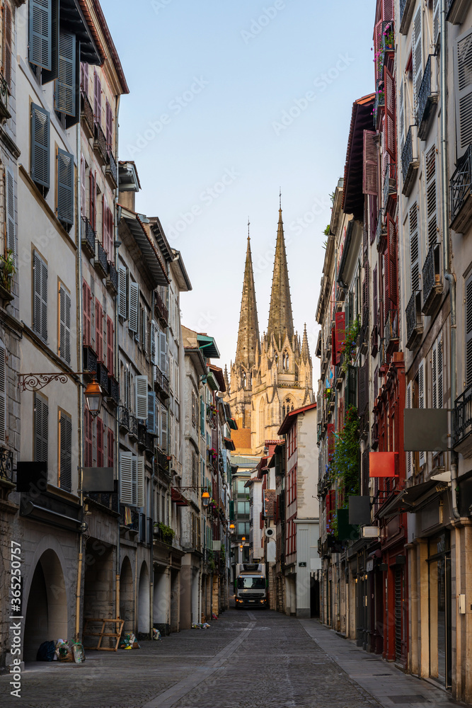 The Cathedral of Saint Mary of Bayonne and Port Neuf street at sunrise, in France