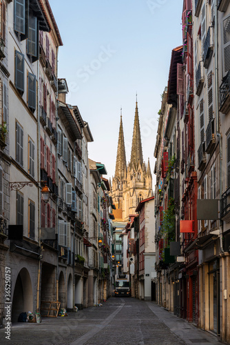 The Cathedral of Saint Mary of Bayonne and Port Neuf street at sunrise  in France