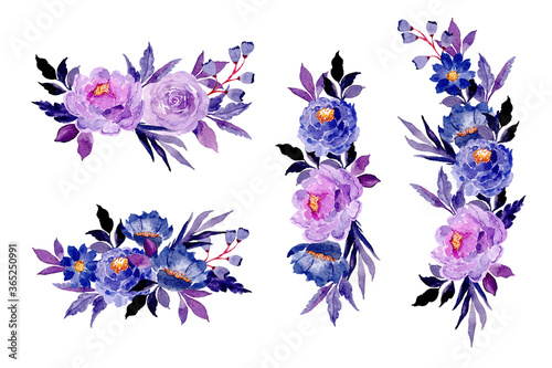 blue purple floral bouquet collection with watercolor for wedding invitation, greeting card, birthday, decoration etc.