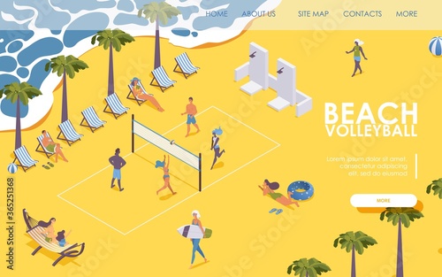 Isometric landing page beach volleyball with players and spectators on sunbeds, near the sea.