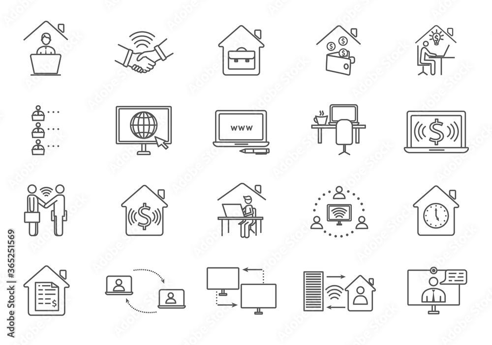 Large set of black and white online worker icons showing workers using digital devices and computers, business and financial, line drawn vector illustrations Large set of black and white online worker icons showing workers using digital devices and computers, business and financial, line drawn vector illustrations