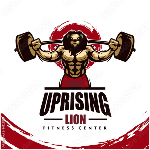 Lion with strong body, fitness club or gym logo. Design element for company logo, label, emblem, apparel or other merchandise. Scalable and editable Vector illustration