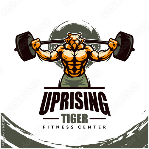 Tiger with strong body, fitness club or gym logo. Design element for company logo, label, emblem, apparel or other merchandise. Scalable and editable Vector illustration.