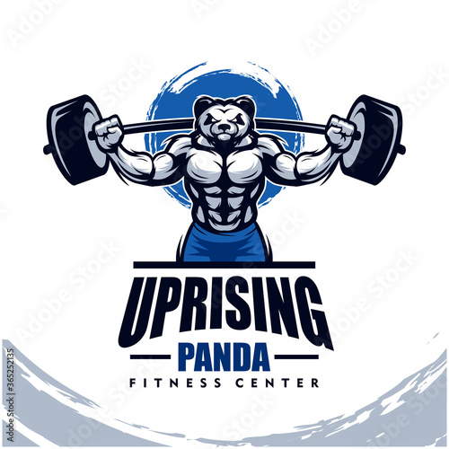 Panda with strong body, fitness club or gym logo. Design element for company logo, label, emblem, apparel or other merchandise. Scalable and editable Vector illustration.