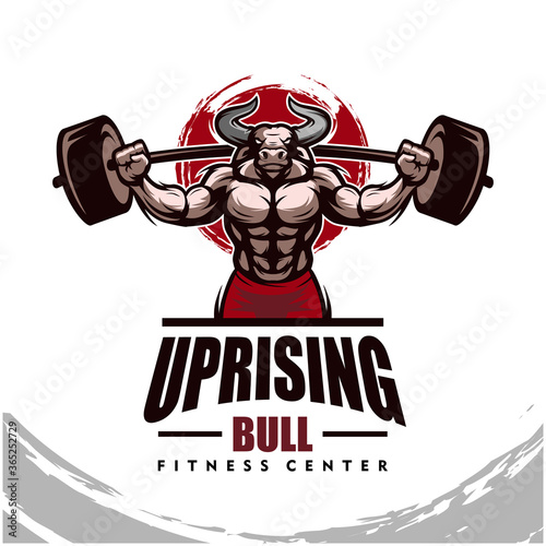 Bull with strong body, fitness club or gym logo. Design element for company logo, label, emblem, apparel or other merchandise. Scalable and editable Vector illustration