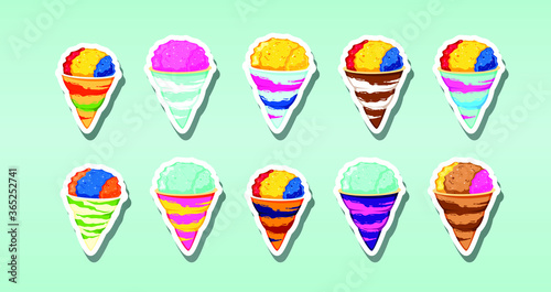 Set of snow cones (shaved ice) with different flavors. Vector illustration.