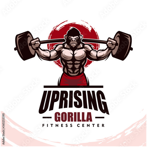 Gorilla with strong body, fitness club or gym logo. Design element for company logo, label, emblem, apparel or other merchandise. Scalable and editable Vector illustration