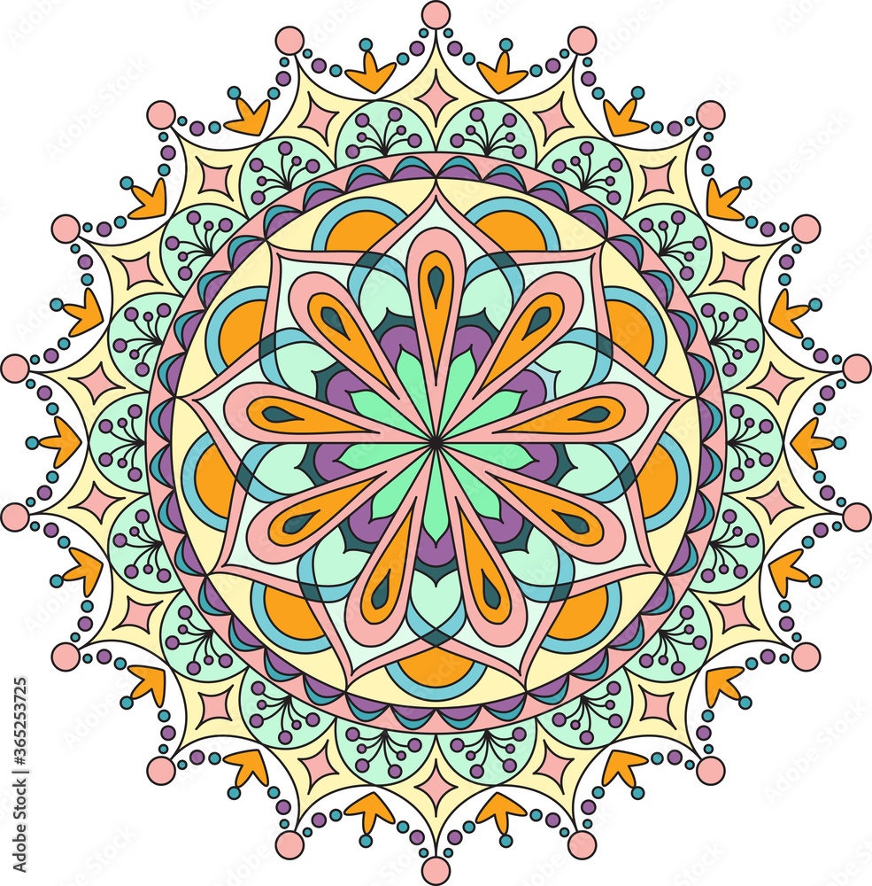 Circle mandala with vibrant, vintage colors. Colorful card, wallpaper. Relax and meditation poster. Enjoy! Eps 10.	