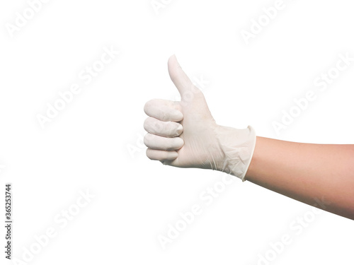 Hand in a rubber glove with thumb up, Isolated from white background with clipping path.