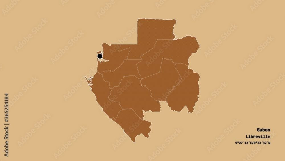 Haut-Ogooué, province of Gabon, with its capital, localized, outlined and zoomed with informative overlays on a solid patterned map in the Stereographic projection. Animation 3D Haut-Ogooué, province of Gabon, with its capital, localized, outlined and zoomed with informative overlays on a solid patterned map in the Stereographic projection. Animation 3D