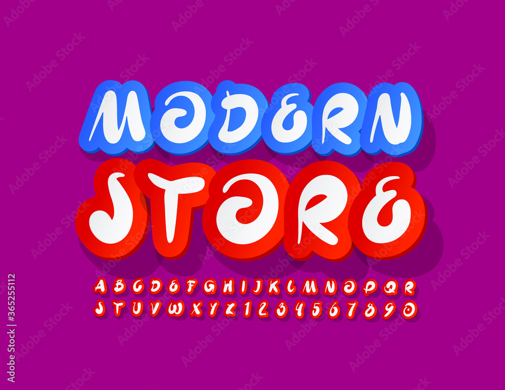 Vector bright sign Modern Store. Creative sticker Font. Artistic Alphabet Letters and Numbers Vector bright sign Modern Store. Creative sticker Font. Artistic Alphabet Letters and Numbers