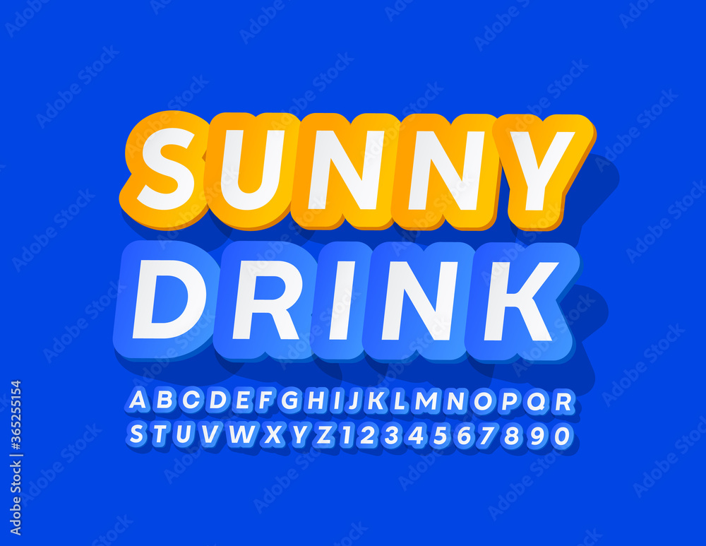 Vector trendy banner Sunny Drink. Creative Blue and White Font. Sticker Alphabet Letters and Numbers
