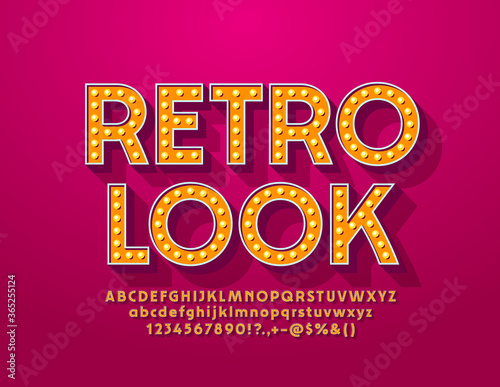 Vector lamp sign Retro Look with Elegant Vintage Font. Light Bulb Alphabet Letters and Numbers