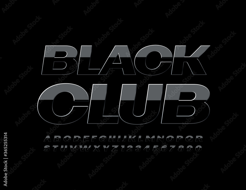 Vector luxury banner Black Club. Glossy modern Font. Reflective elite Alphabet Letters and Numbers