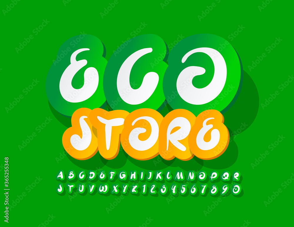 Naklejka premium Vector green logo eco Store. Decorative sticker Font. Artistic Alphabet Letters and Numbers set
