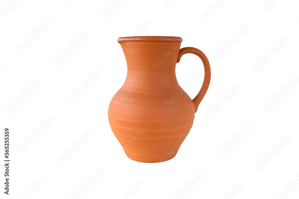 Clay jug with handle isolated on white background.