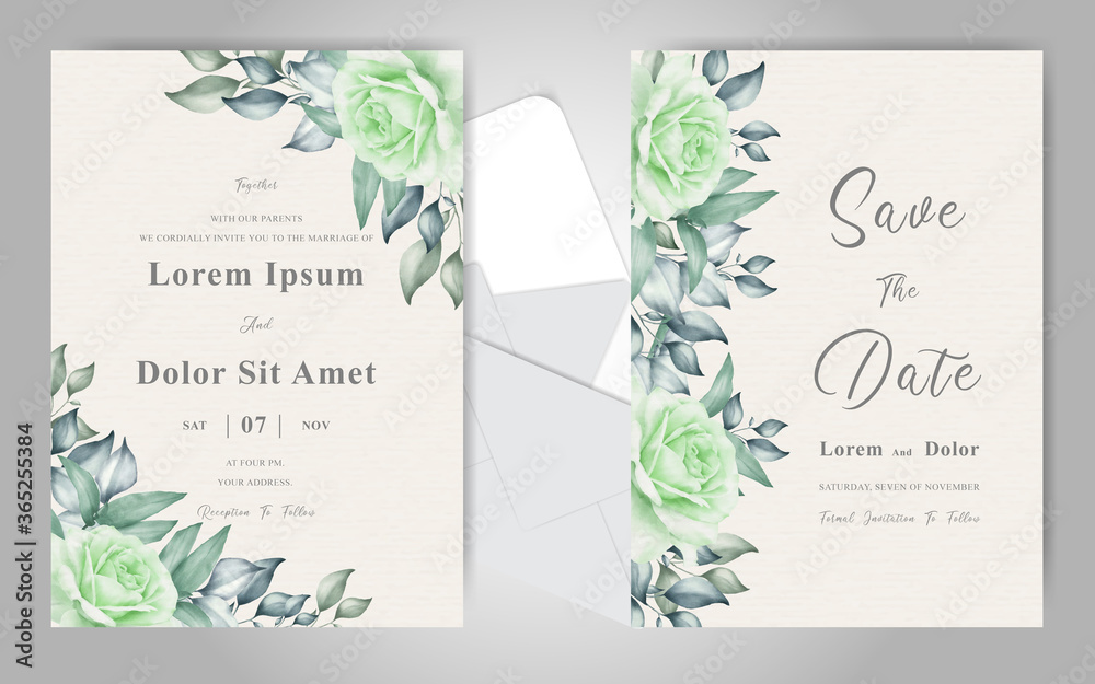 Editable Greenery Foliage Wedding Invitation Card set with Elegant Flower and leaves