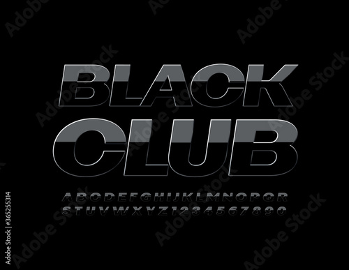 Vector luxury banner Black Club. Glossy modern Font. Reflective elite Alphabet Letters and Numbers