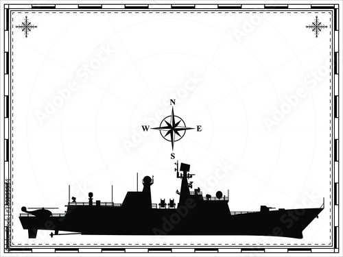 Military ship on the background of the map. Wind rose. Vector illustration.