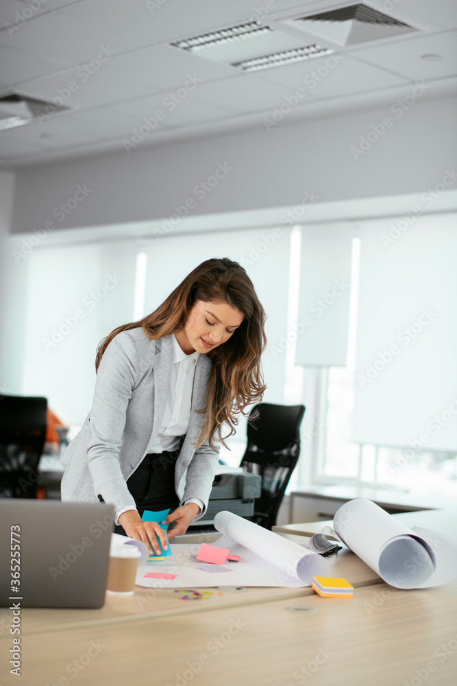Beautiful young businesswoman working on project. Businesswoman in suit working in office. Beautiful young businesswoman working on project. Businesswoman in suit working in office.