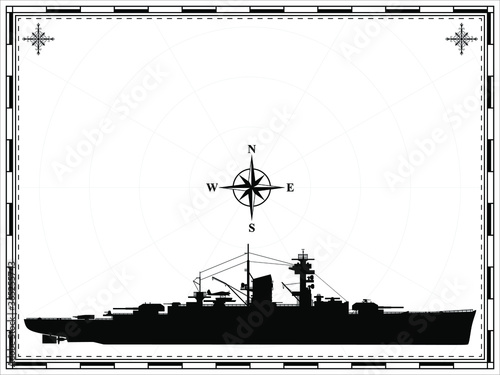 Vector military ship on the background of the map. Wind rose. Vector illustration.