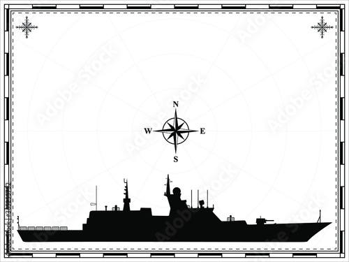 Military ship on the background of the map. Wind rose. Vector illustration.