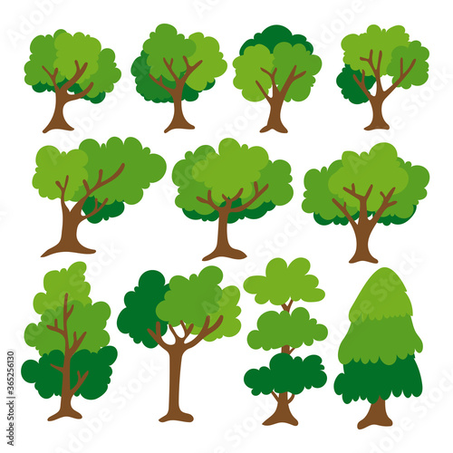 Flat tree icon. Various shape trees In the forest. Isolated on white background.