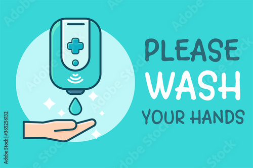 Protruding hands to receive drops of alcohol gel to wash hands With the message please wash your hands.