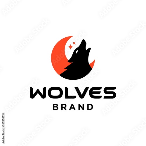 howling wolf fox with red moon and star logo vector icon vector design illustration template