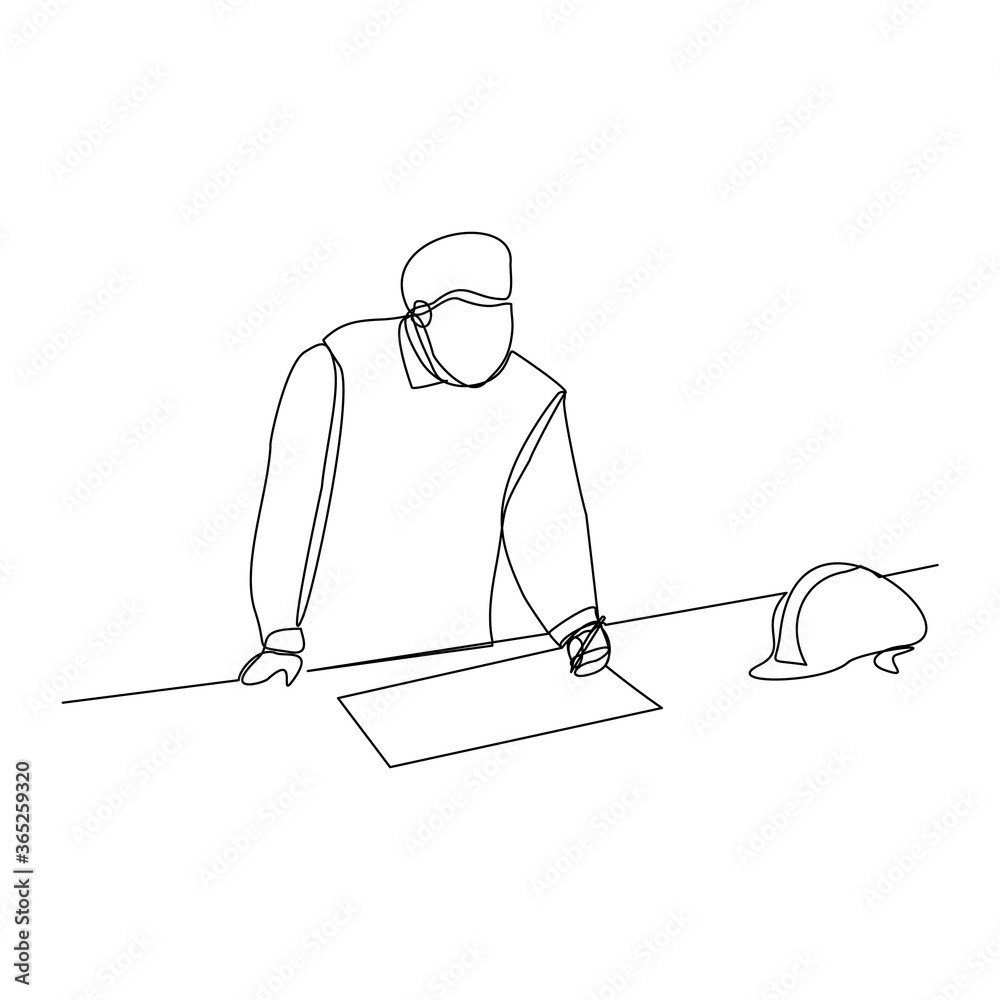 Continuous line drawing of architect wearing safety helmet and uniform