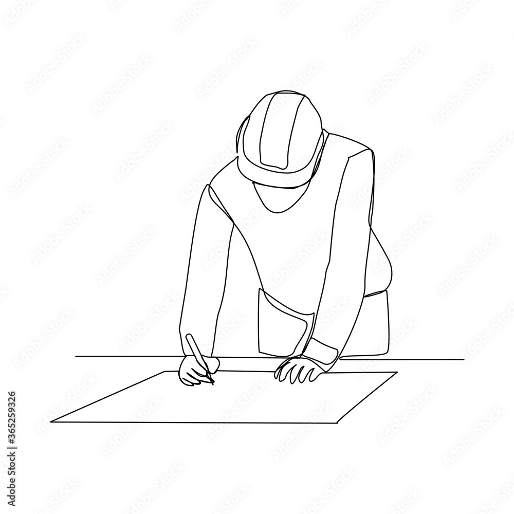 Continuous line drawing of architect wearing safety helmet and uniform