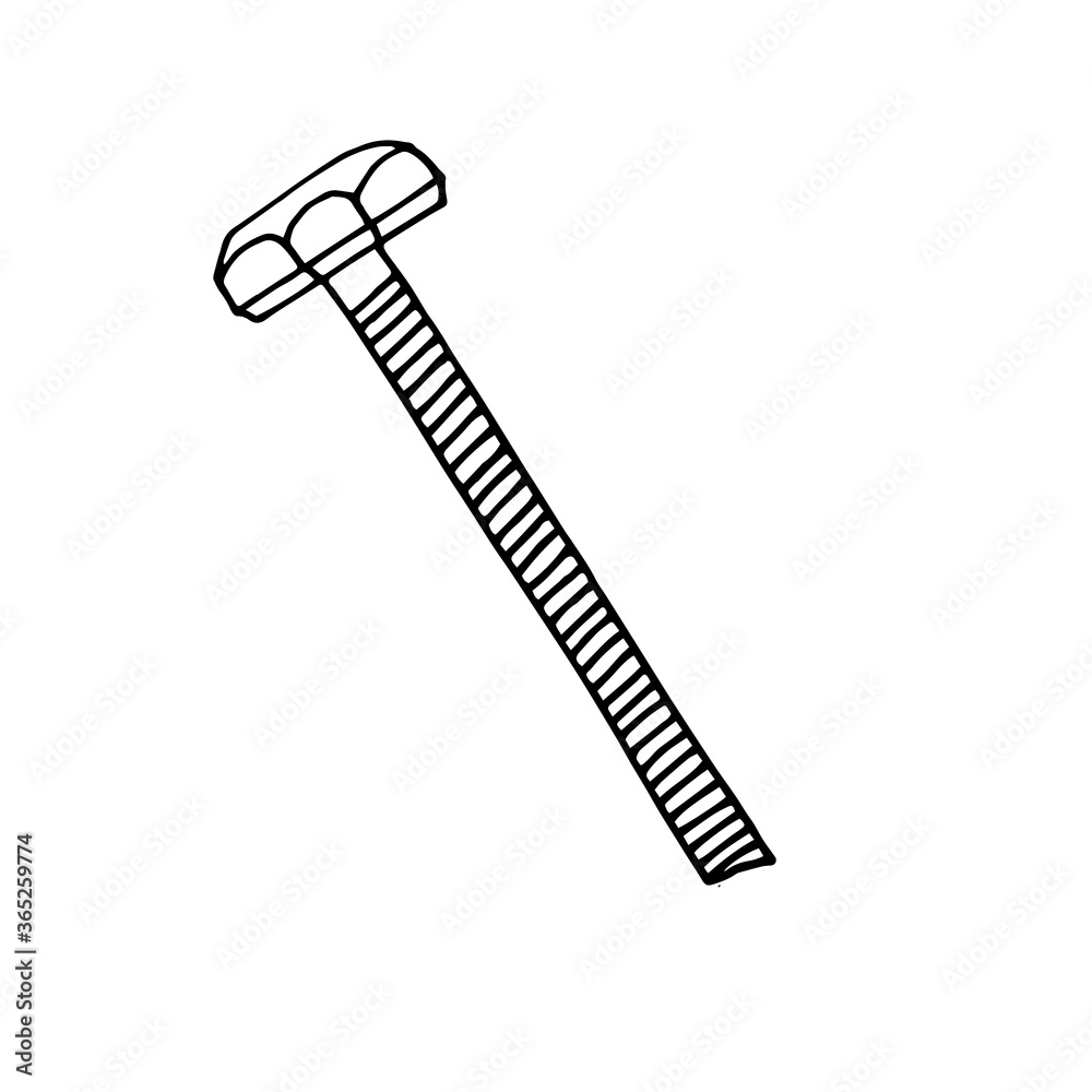 A hand-drawn graphic of a bolt. Fastening device. Black and white vector image isolated on white background. A hand-drawn graphic of a bolt. Fastening device. Black and white vector image isolated on white background.