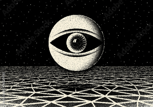 Leinwand Poster Retro dotwork landscape with 60s or 80s styled alien robotic space eye over the