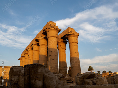 special light at luxor temple with columns of the ancient temple photo