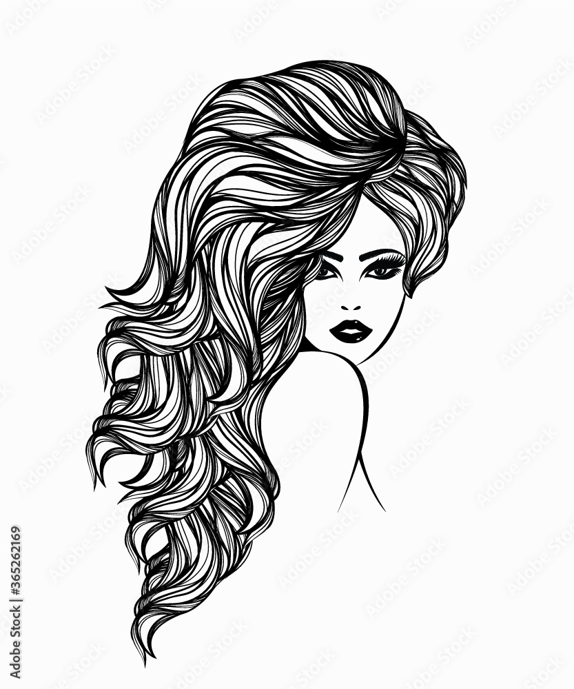 Hair salon and beauty studio illustration.Beautiful woman portrait with elegant long, wavy hairstyle and bold makeup.Cosmetics and spa logo.Young lady face.