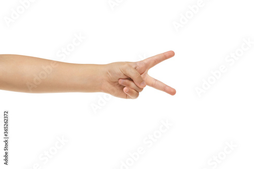 Peace. Children's hand, palm gesturing isolated on white studio background with copyspace for your advertising. Little girl's hand with signs. Childhood, education, sales, ad, expression concept.