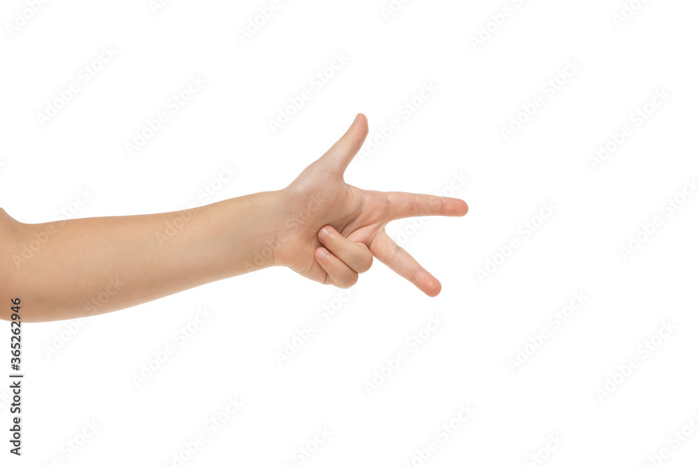 Cool. Children's hand, palm gesturing isolated on white studio background with copyspace for your advertising. Little girl's hand with signs. Childhood, education, sales, ad, expression concept.