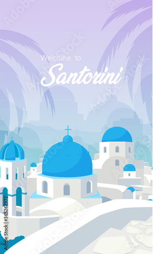 Greek white buildings with blue roofs poster flat vector template
