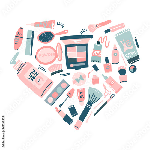 Hand drawn cosmetics set. Professional makeup items in heart shape. Vector decorative illustration in trendy flat style for web design or print.