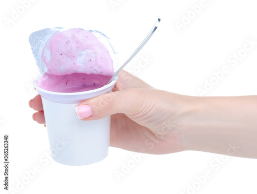 Package with yogurt with berries on white background isolation