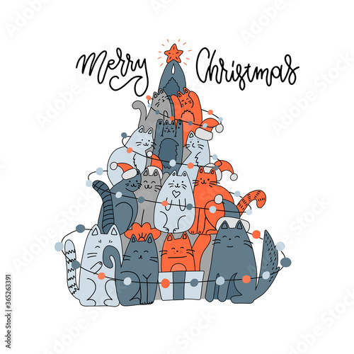 Fir-tree made of cats. Spruce of pet. Christmas tree from cat. New Year fkat doodle hand drawn illustration. mas pattern of cute animal with lettering greeting text Merry Christmas