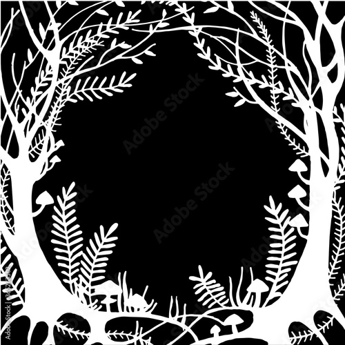 vector drawing, rectangular frame fairy forest. magic, enchanted forest, inversion, black background. design for halloween. mysticism, esotericism. trees, herbs, mushrooms
