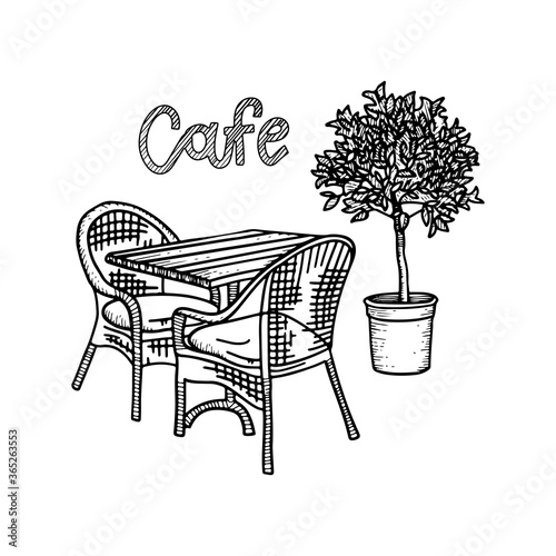 Hand drawn street cafe furniture - table, two chairs and potted plant. Hand drawn sketch for Menu design, sketch restaurant city. Black and white vintage vector illustration with lettering.