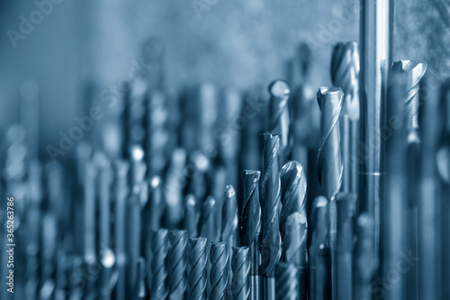 Close-up scene of the used solid  endmill tools for CNC milling machine .The  cutting  tool for machining center.