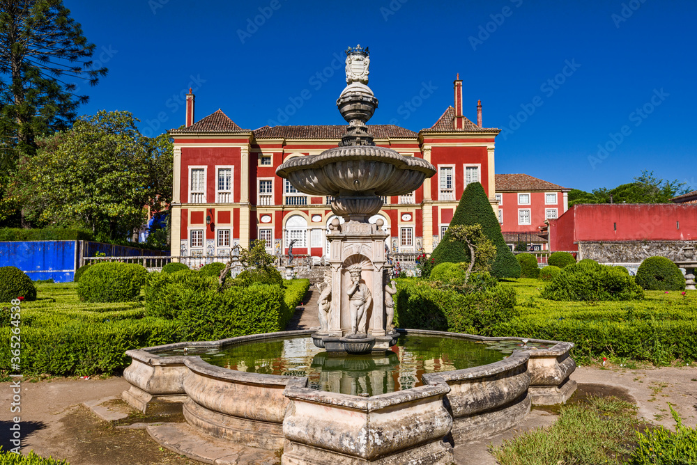 garden, statue and fountain of The Palace of the Marquesses of Fronteira in Lisbon, Portugal