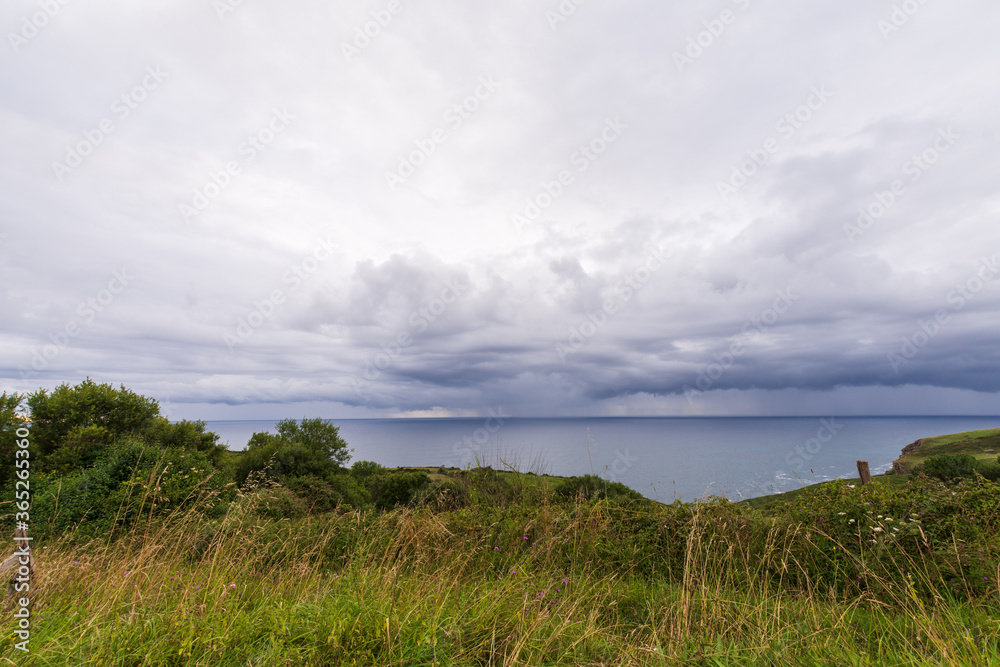 View of cloudy blue sky, green field and sea in the background, horizontal