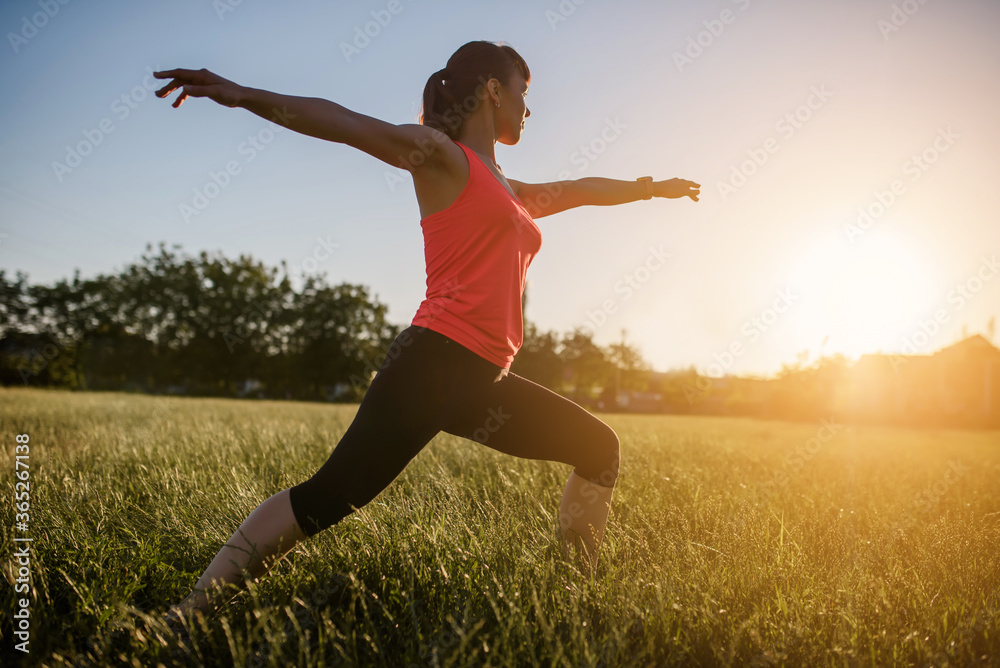 Young beautiful woman is making sport, she is doing the yoga exercises on a grass in the midst of nature on sunset. Young beautiful woman is making sport, she is doing the yoga exercises on a grass in the midst of nature on sunset.